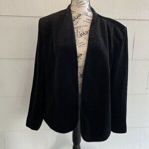 Vintage Accent Open Front Black Velvet Blazer Shoulder Pads Womens Size 42 (UU)